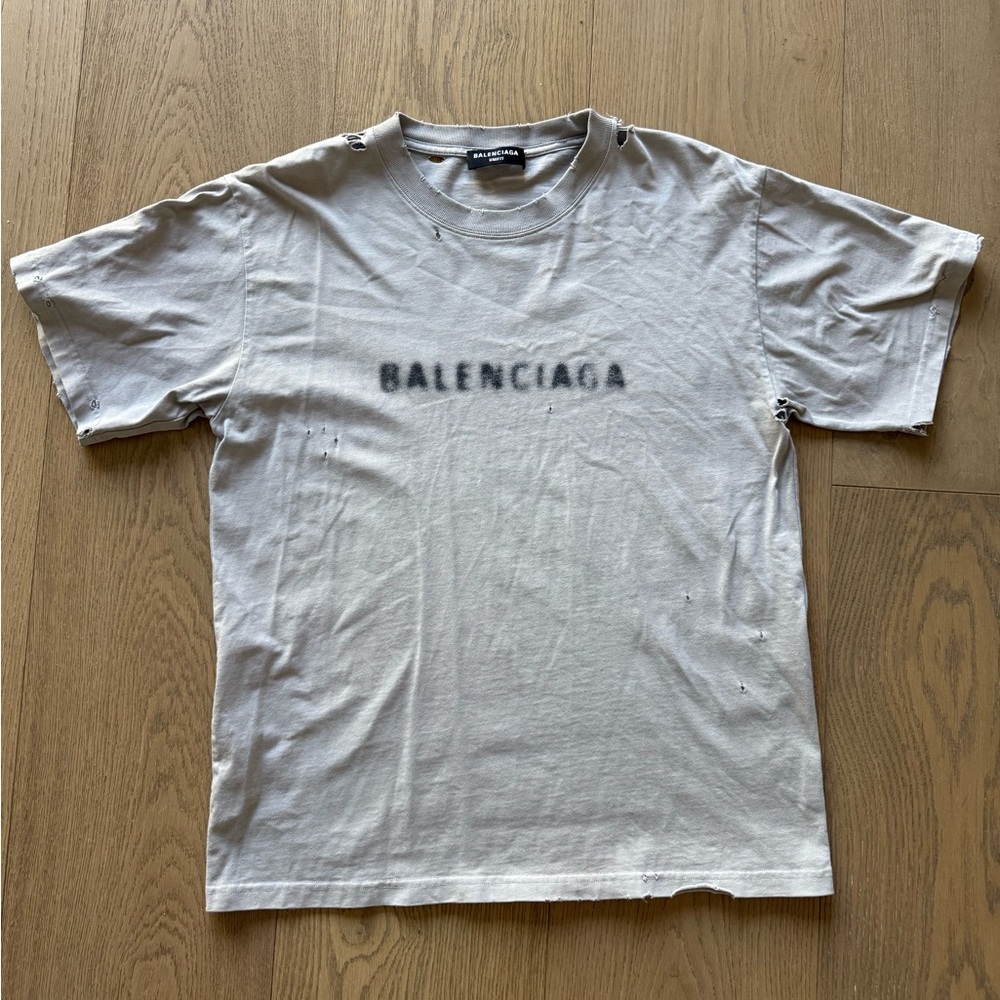 Balenciaga Distressed Graphic Print Light Gray Short Sleeve Tee